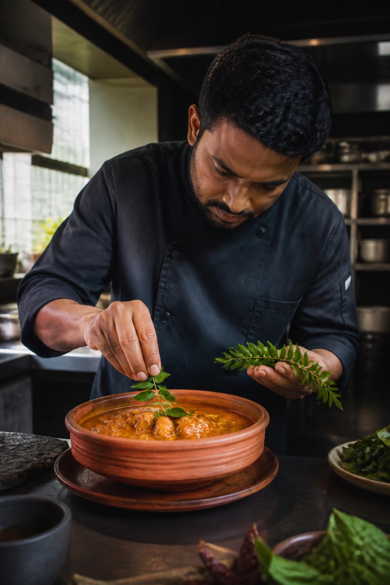A cook finishing a regional plate in a small kitchen.